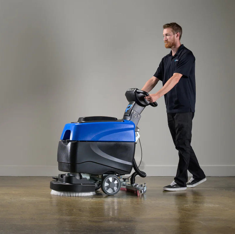 Prolux PLCC460S 18" Cordless Commercial Walk Behind Floor Cleaner, Scrubber and Buffer in use with a gray background
