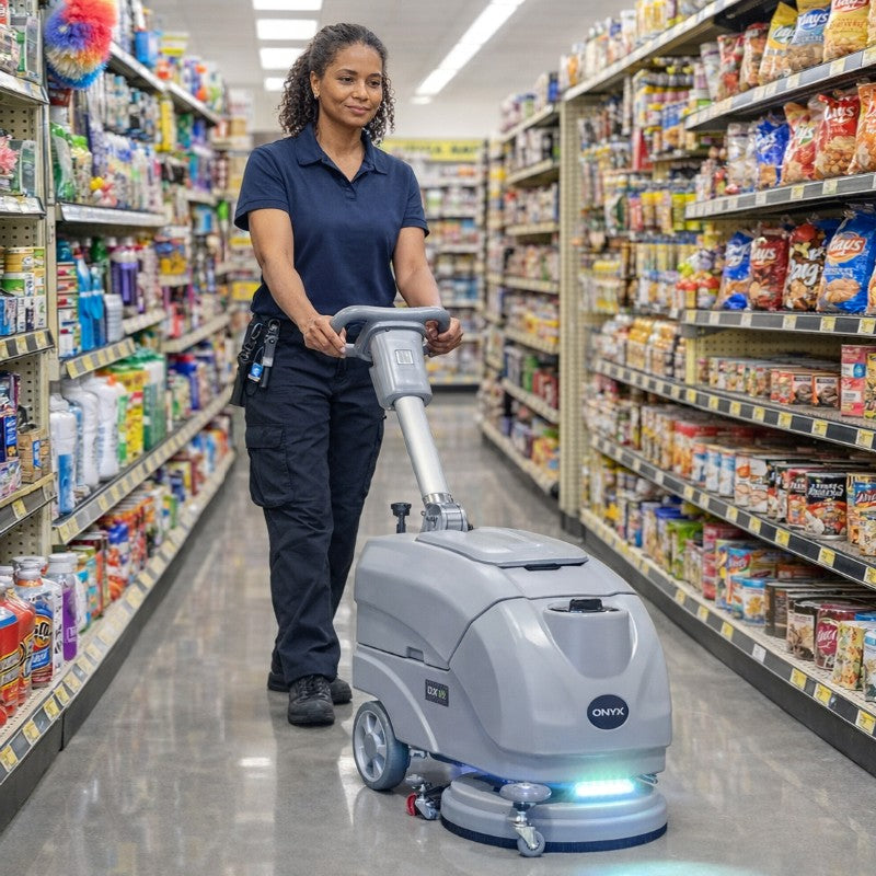 ONYX DX15 Autoscrubber 15in in use in aisle