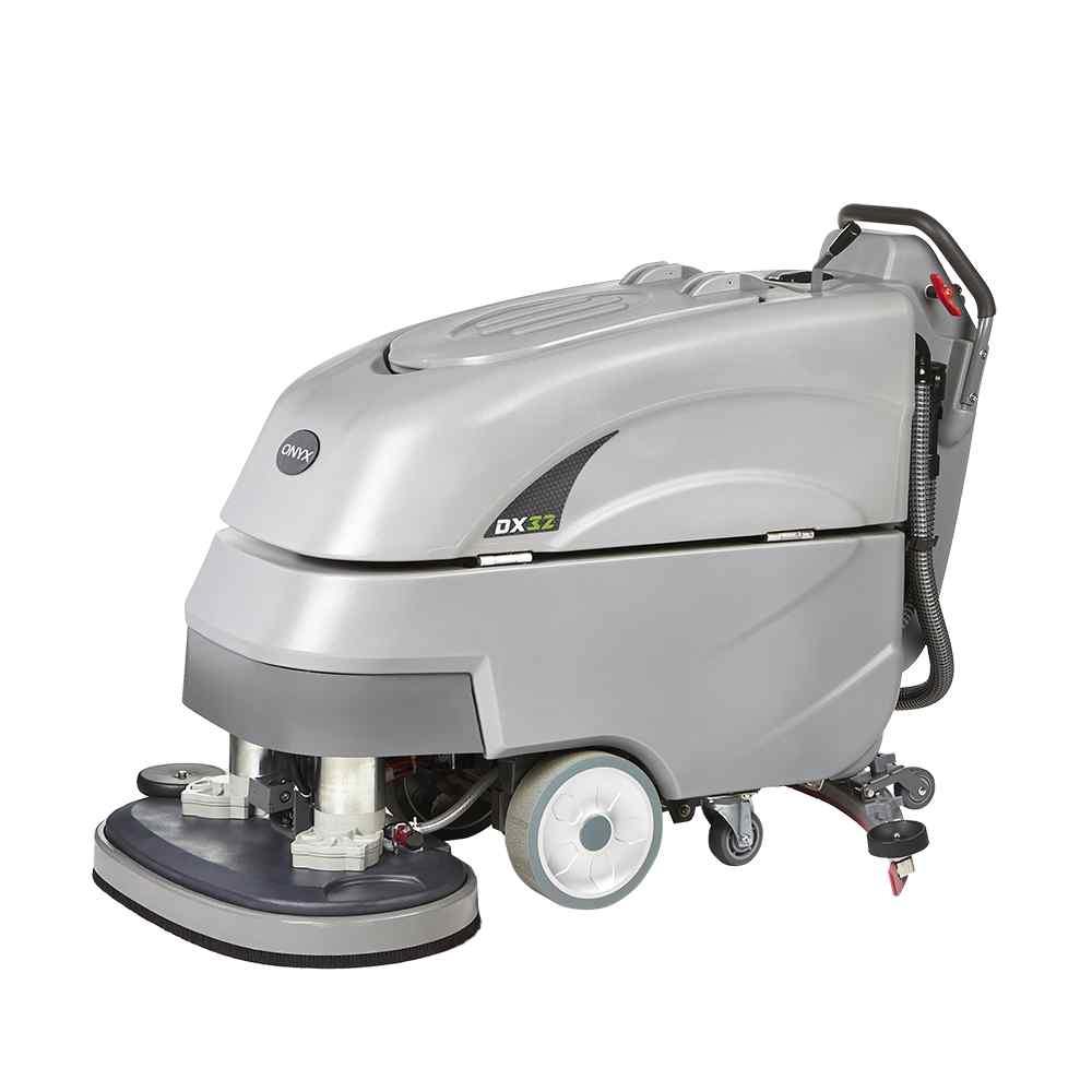 ONYX DX32T 32" Dual Head Battery Walk-Behind Floor Scrubber left side view with model logo
