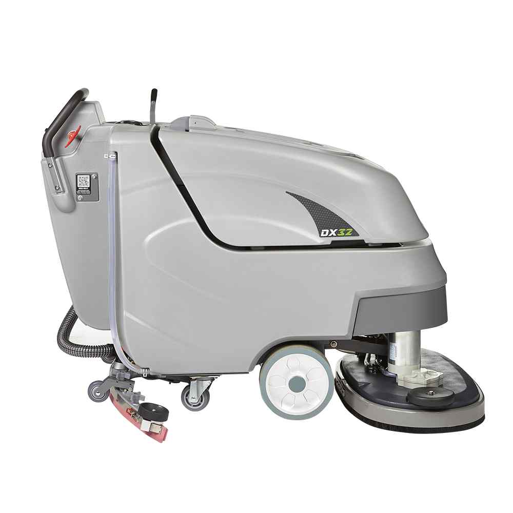 ONYX DX32T 32" Dual Head Battery Walk-Behind Floor Scrubber right side view with wheels logo and scrubber brush