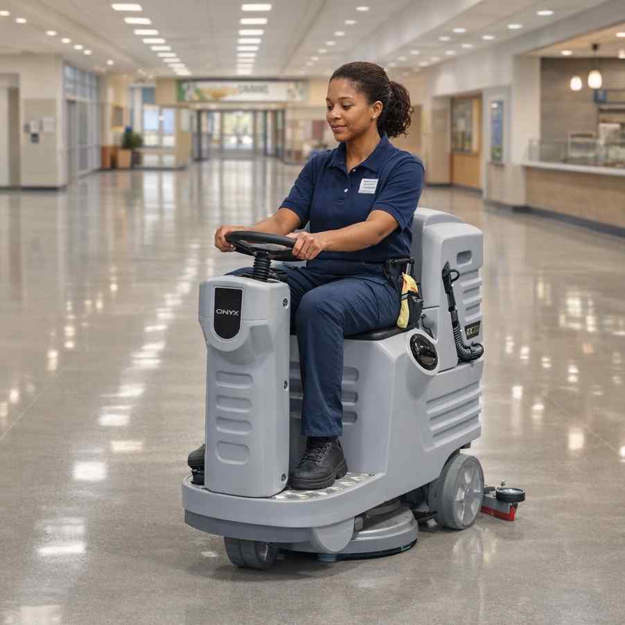 ONYX RX20 20 inch ride-on battery floor scrubber in use
