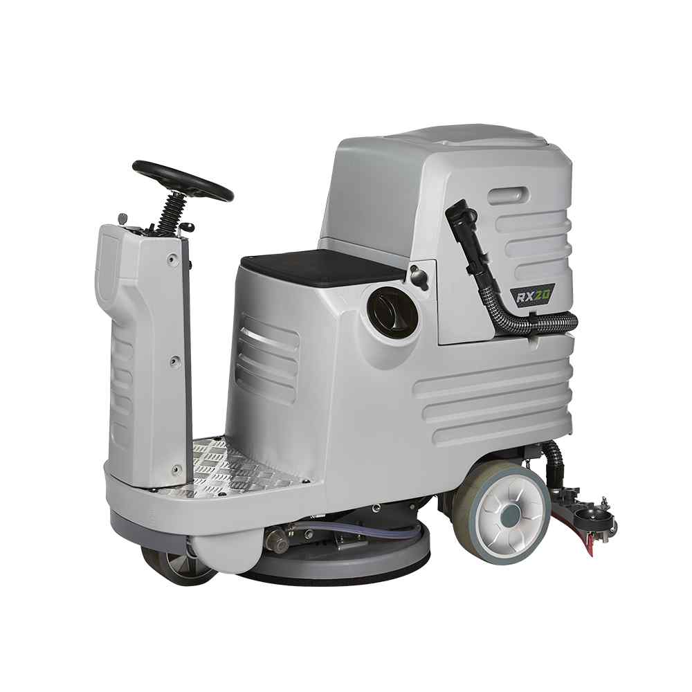 ONYX RX20 20 inch ride-on battery floor scrubber side view with hose and tank