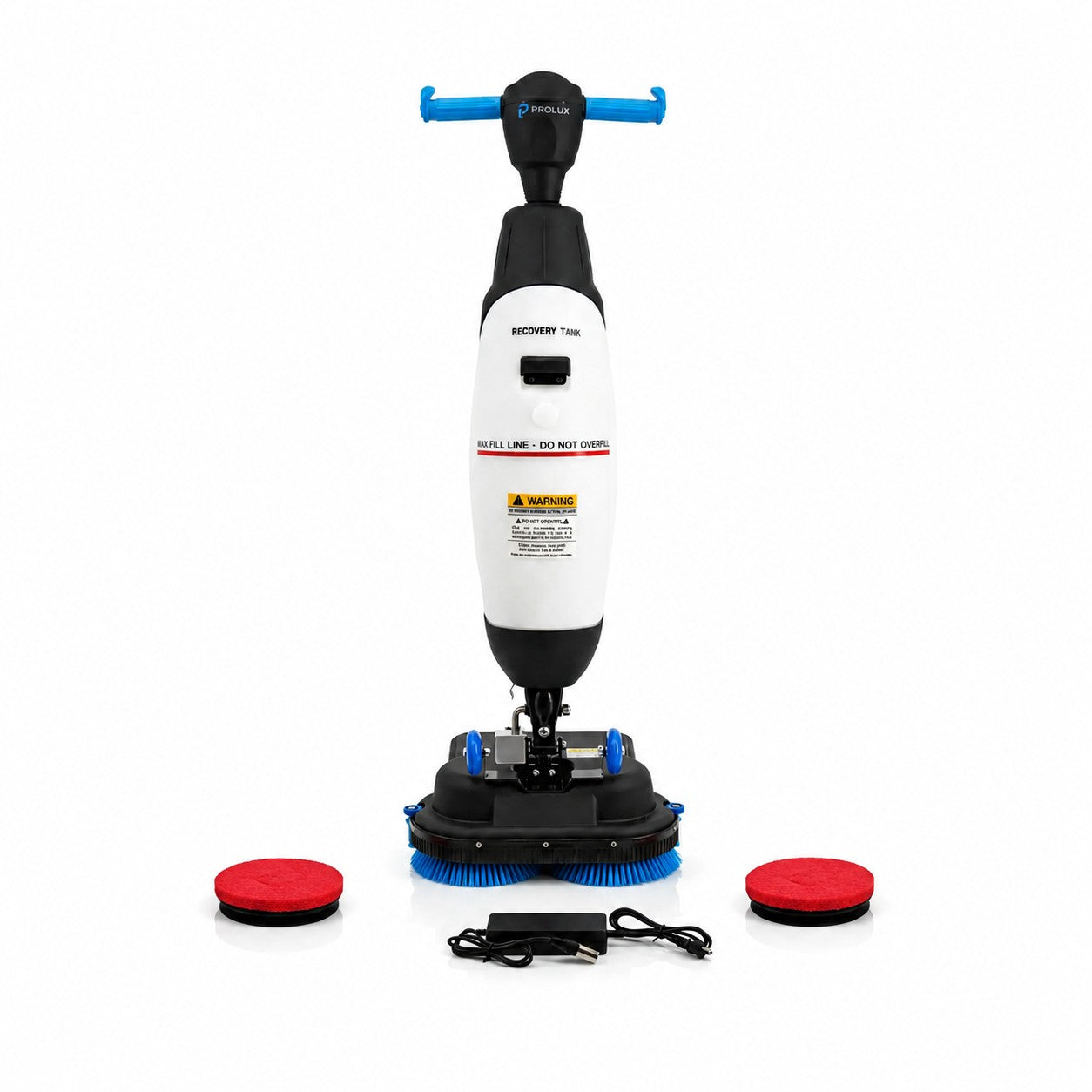 Prolux PLCC430BN Cordless Commercial Micro Dual Brush Floor Cleaner, Scrubber and Buffer Front View with Pads and Charger