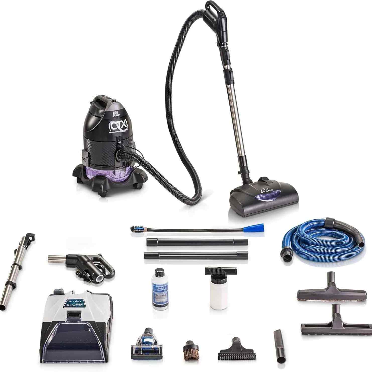 Prolux CTX ELITE water filtration bagless canister vacuum with Storm Shampooer Kit complete with parts and accessories